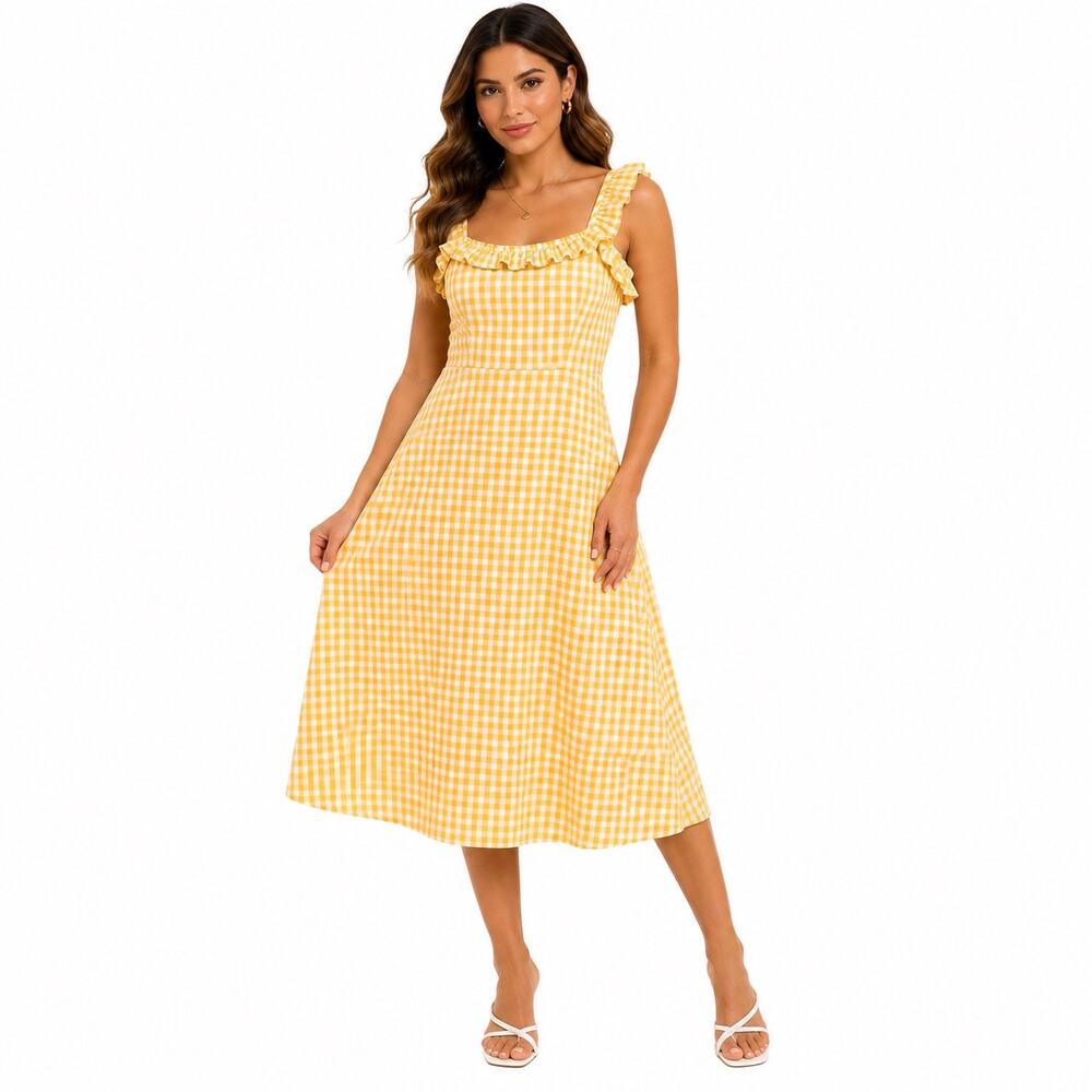 Shein Yellow & White Gingham Ruffle Strap Midi Dress XL